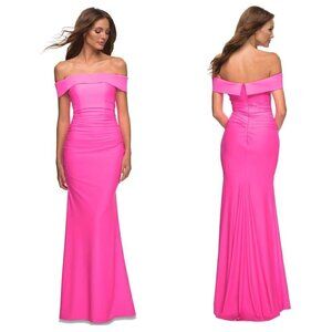 LA FEMME Draped Off Shoulder Gown in Hot Pink Size US 8